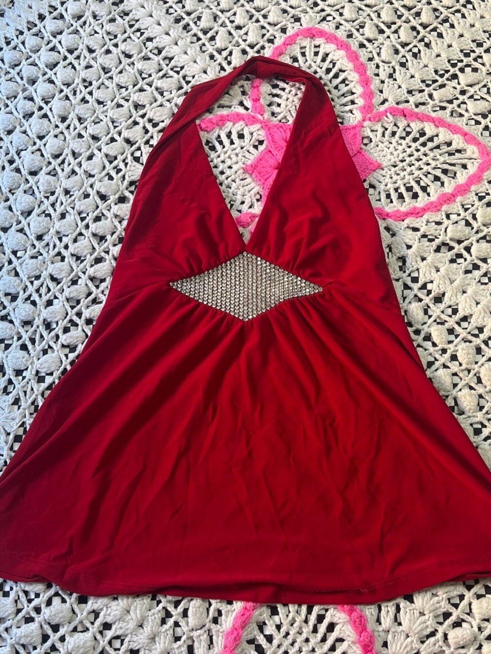 Y2k Vintage Forever 21 Red Halter Top with Rhinestone Cutout